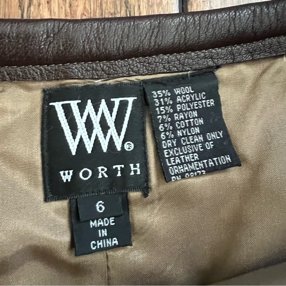 Classic Wool Tweed Mini Skirt Leather Trim 6 Gold Tan Brown Career Office Chic - Picture 6 of 14